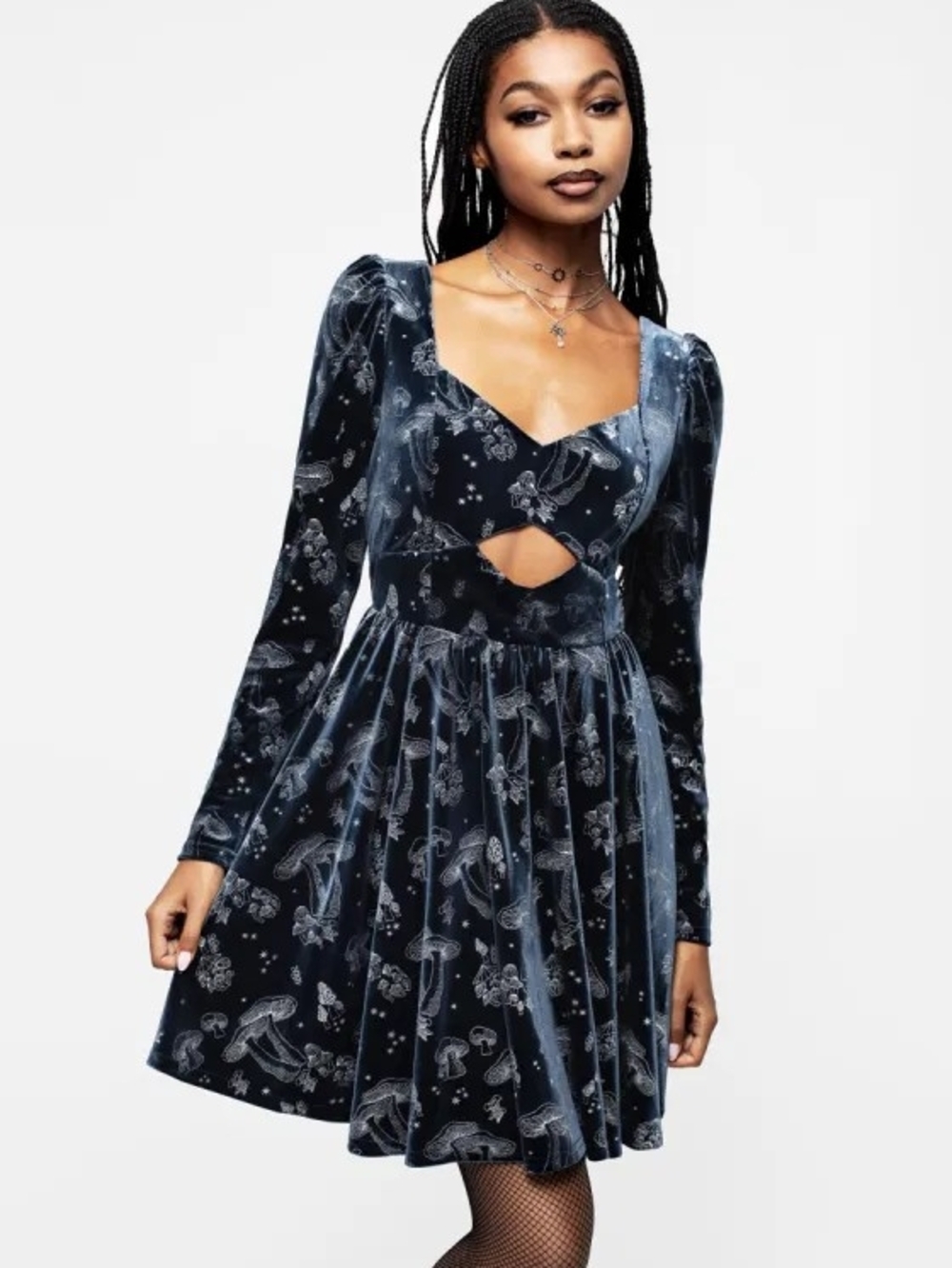 DISTURBIA Long-Sleeve Navy Cutout Velvet Skater Dress